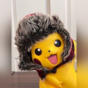 Red and Black Trapper Hat - Fur design in front, cozy